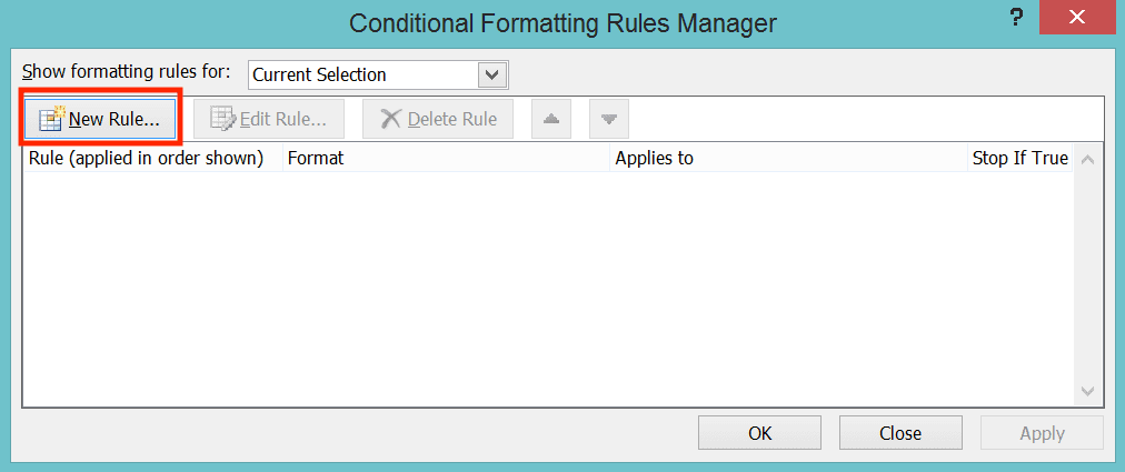 How to Sort in Excel - Screenshot of the New Rule... Button Location in the Conditional Formatting Dialog Box