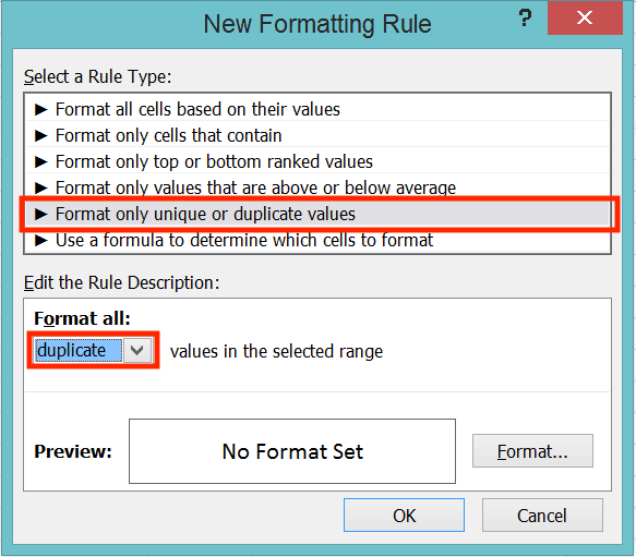 How to Sort in Excel - Screenshot of the Format only unique or duplicate values Choice and Duplicate Value Dropdown Locations