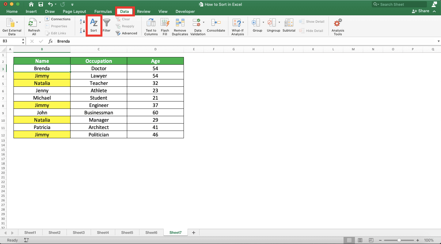 How to Sort in Excel - Screenshot of the Data Tab and Sort Button Locations