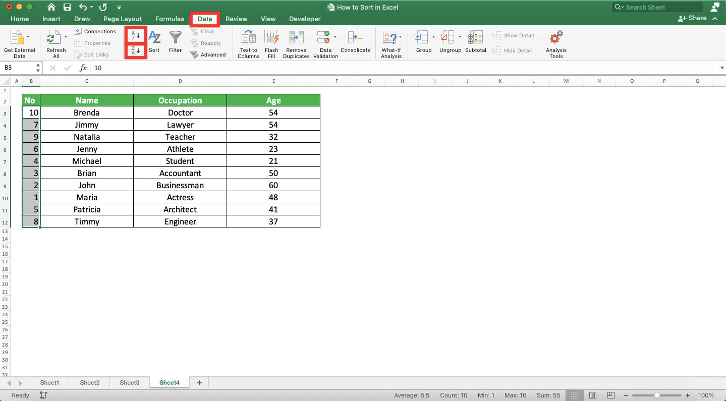 How to Sort in Excel - Screenshot of the Data Tab and Two Sort Buttons Locations