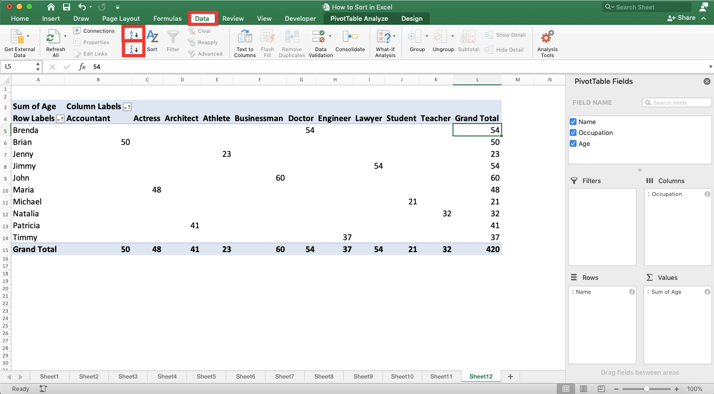 How to Sort in Excel - Screenshot of the Data Tab and Two Sort Buttons Locations