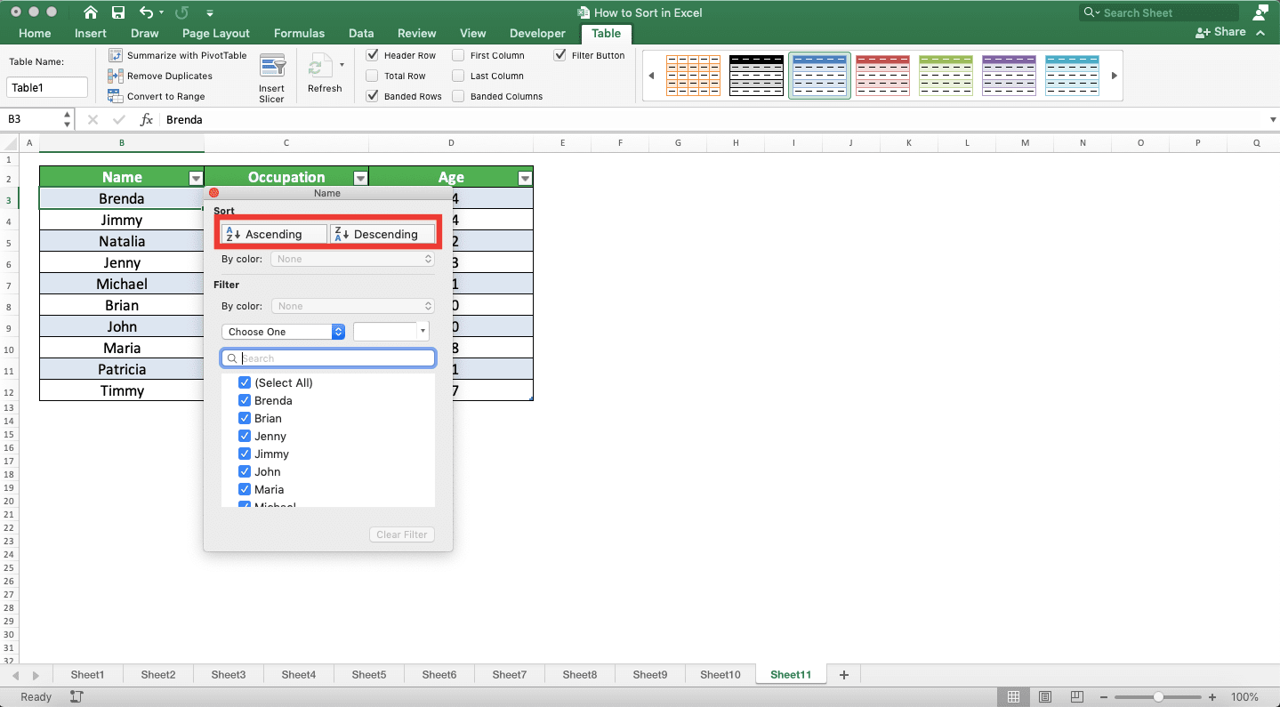 How to Sort in Excel - Screenshot of the Sort in Ascending and Descending Order Choices in the Filter Button Menu