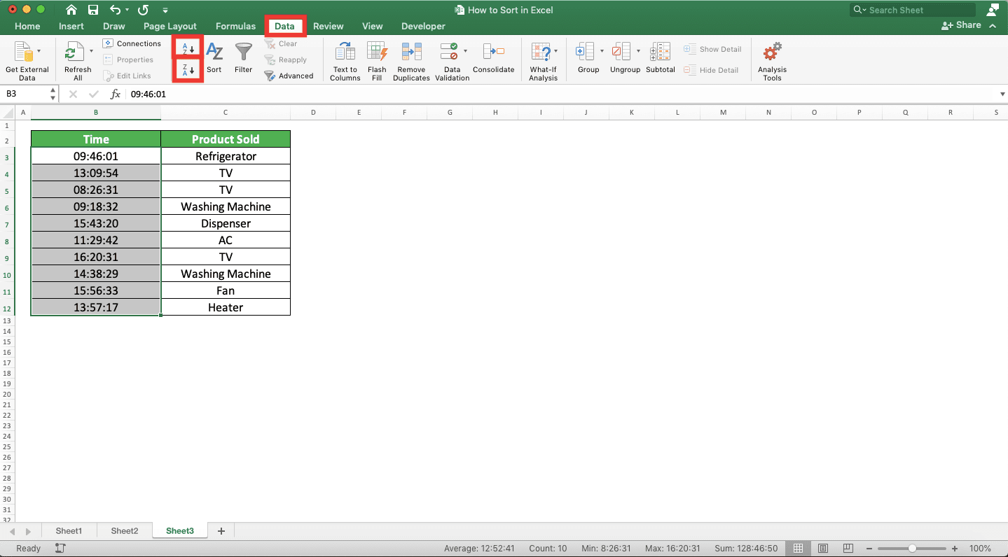 How to Sort in Excel - Screenshot of the Data Tab and Two Sort Buttons Locations