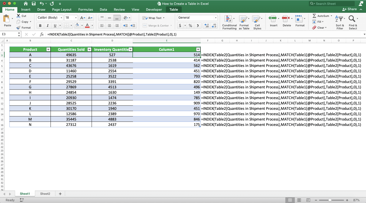 How to Make a Table in Excel - Screenshot of the INDEX MATCH Result for Tables Combination Process in Excel