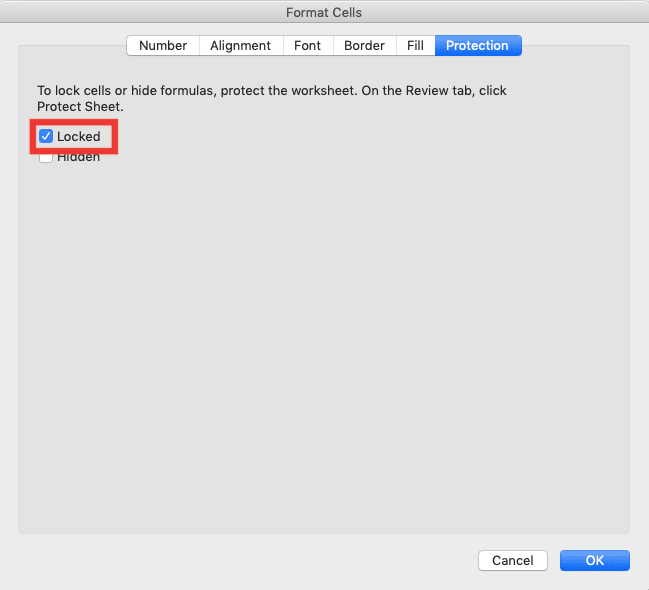 How to Make a Table in Excel - Screenshot of the Locked Check Box in the Format Cells Dialog Box, Protection Tab