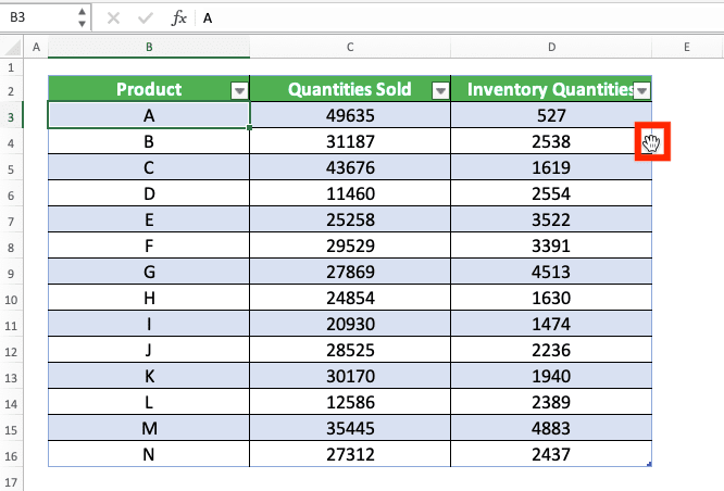 How to Make a Table in Excel - Screenshot of the Hand Symbol to Move an Excel Table