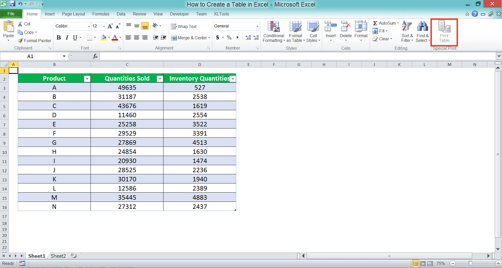 How to Make a Table in Excel - Screenshot of the Print List Button Location