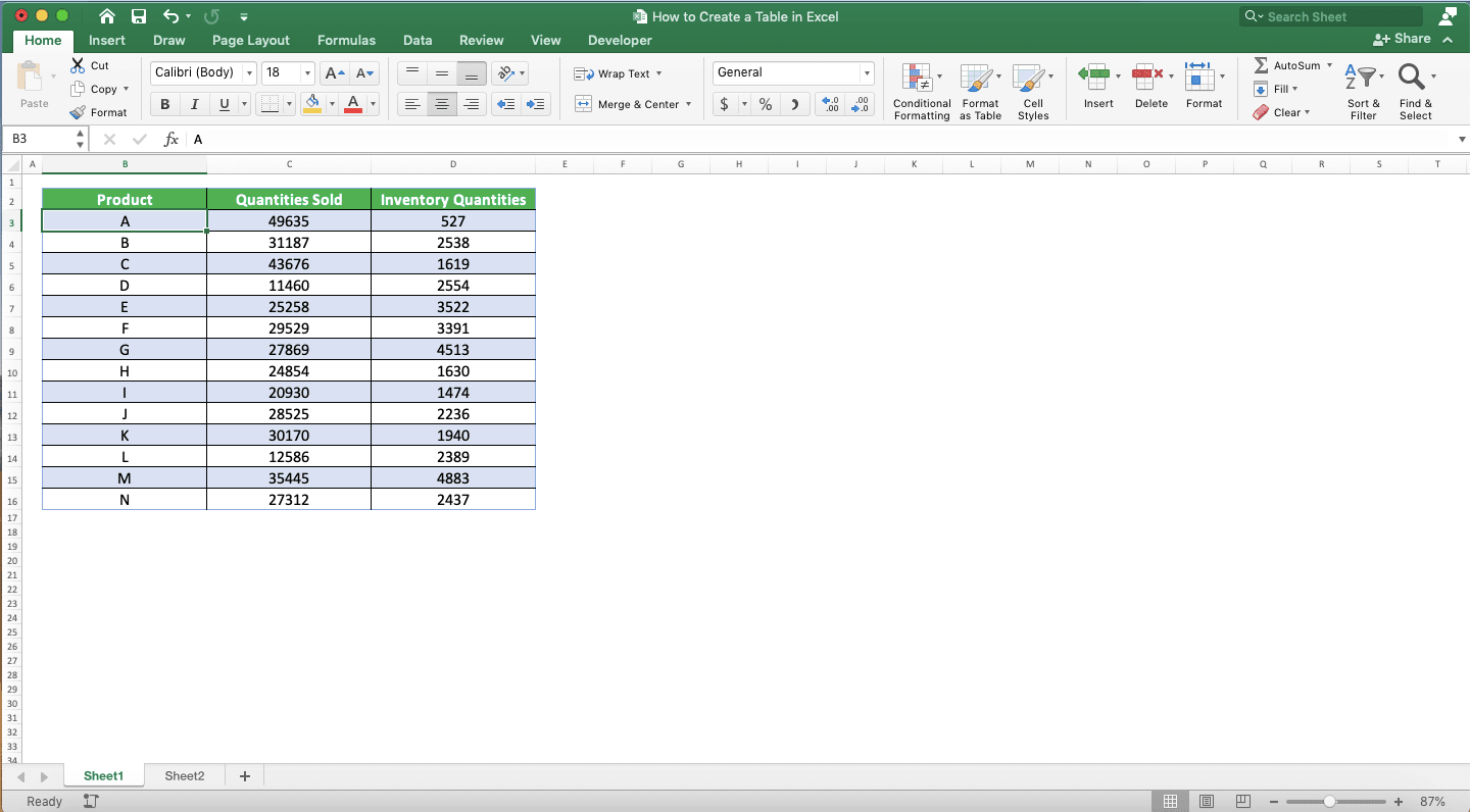 How to Make a Table in Excel - Screenshot of an Excel Table Conversion Result Example to a Normal Range