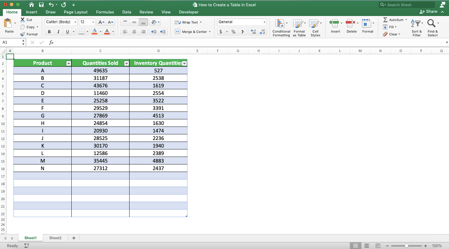 How to Make a Table in Excel - Screenshot of an Excel Table Resize Result