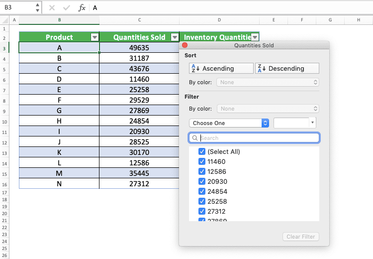 How to Make a Table in Excel - Screenshot of the Sort & Filter Choices in an Excel Table