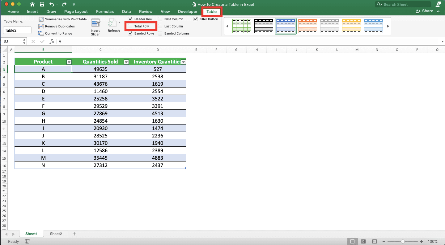 How to Make a Table in Excel - Screenshot of the Table Tab and Total Row Checkbox Locations in Excel