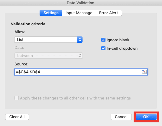 VLOOKUP Column Index Number: What is It and How to Input It Correctly? - Screenshot of the OK Button Location in the Data Validation Dialog Box