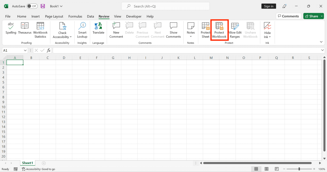 Workbook in Excel: Meaning, Function, and How to Use It - Screenshot of Protecting a Workbook Structure in Excel, Step 2