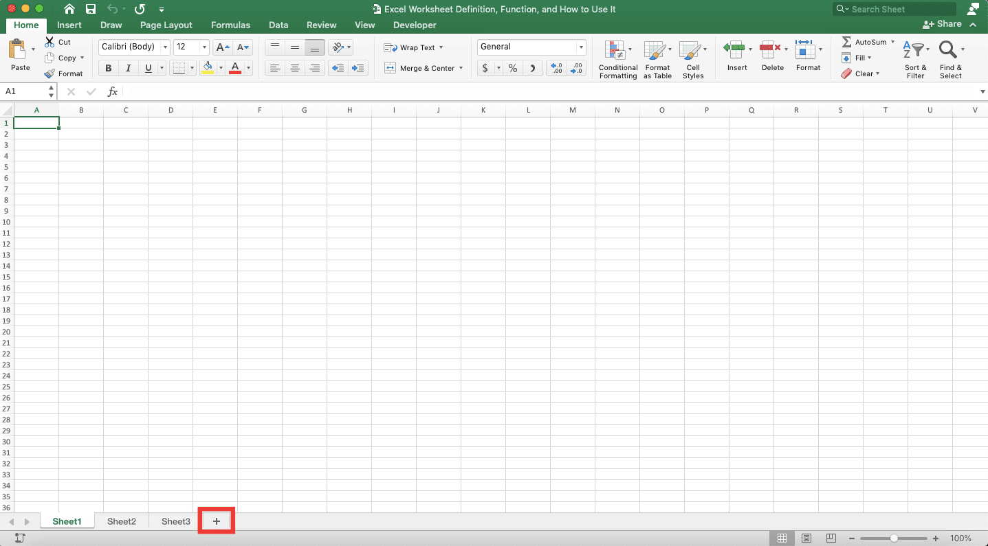 Excel Worksheet Definition, Function, and How to Use It - Screenshot of the + Symbol Location to Add a Sheet in Excel