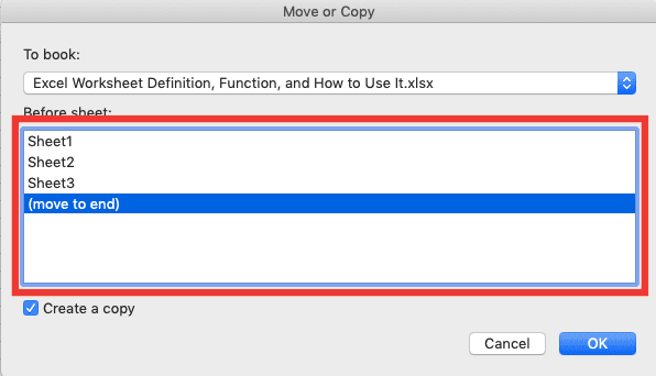 Excel Worksheet Definition, Function, and How to Use It - Screenshot of the Copy Resulting Sheet's Location Setting in the Move or Copy... Dialog Box in Excel