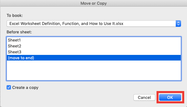 Excel Worksheet Definition, Function, and How to Use It - Screenshot of the OK Button in the Move or Copy... Dialog Box in Excel