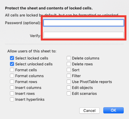 Excel Worksheet Definition, Function, and How to Use It - Screenshot of the Password Text Boxes in the Protect Sheet Dialog Box in Excel