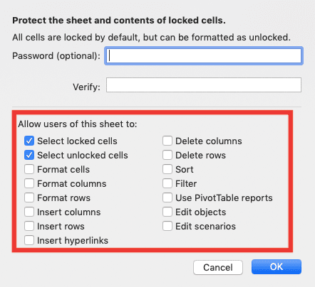 Excel Worksheet Definition, Function, and How to Use It - Screenshot of the Sheet Protection Settings in the Protect Sheet Dialog Box in Excel