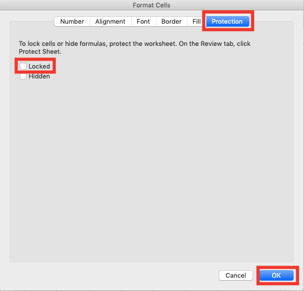 Excel Worksheet Definition, Function, and How to Use It - Screenshot of the Protection Tab, Locked Checbox, and OK Button in the Excel Format Cells Dialog Box