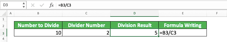 How to Divide Numbers in Excel - Screenshot of the Example for Excel Cell Division Calculation