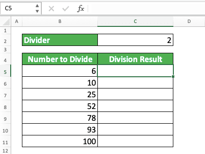 How to Divide Numbers in Excel - Screenshot of the Data for the Excel Column Division by a Constant Process Example