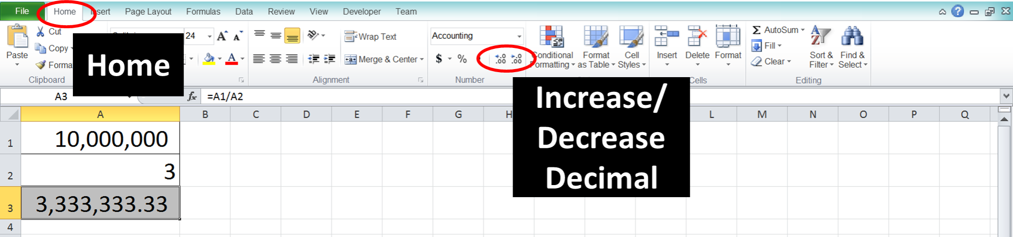 How to Divide Numbers in Excel - Screenshot of Decimal Tips 1