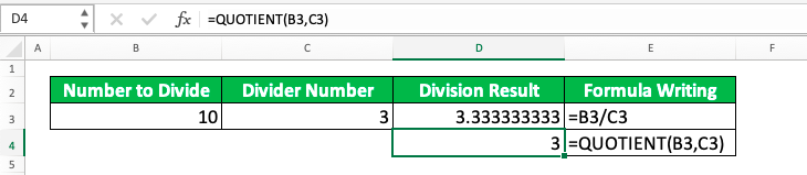 How to Divide Numbers in Excel - Screenshot of the Example for QUOTIENT Formula Implementation in Excel