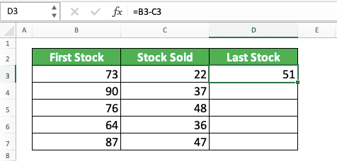 How to Subtract in Excel and All Its Formulas & Functions - Screenshot of the Formula for Excel Columns Subtraction Example