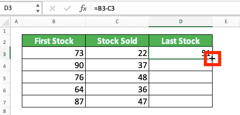 How to Subtract in Excel and All Its Formulas & Functions - Screenshot of the + Sign to Copy Excel Columns Subtraction Formula