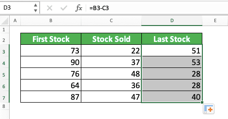 How to Subtract in Excel and All Its Formulas & Functions - Screenshot of the Result for Excel Columns Subtraction Formula