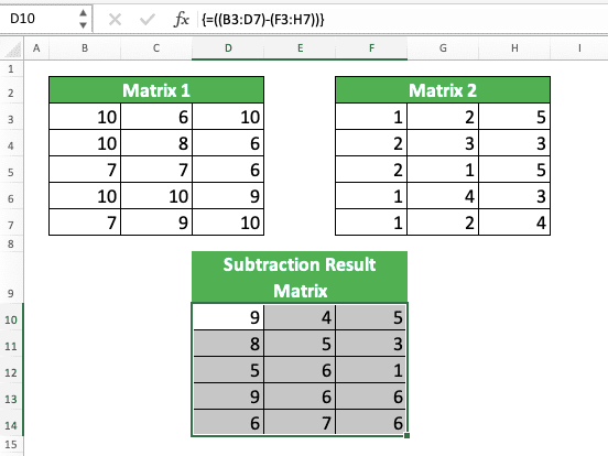 How to Subtract in Excel and All Its Formulas & Functions - Screenshot of the Example for Matrixes Subtraction in Excel