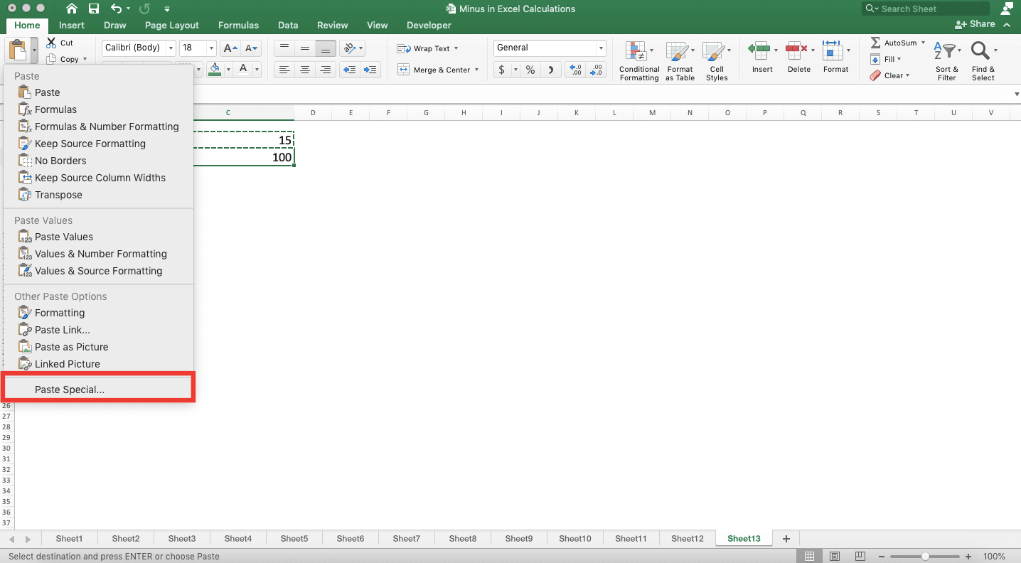 How to Subtract in Excel and All Its Formulas & Functions - Screenshot of the Location of Paste Special Choice in the Paste Menu Dropdown