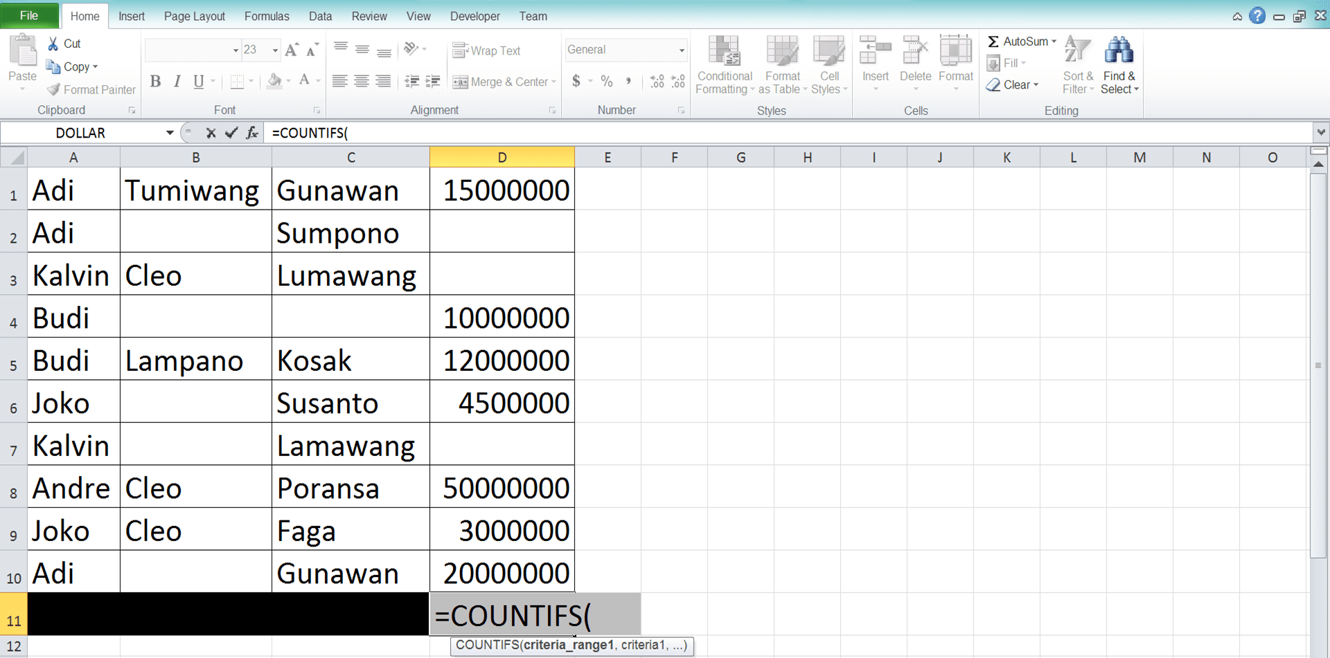 How to Use COUNTIFS Excel Formula: Function, Examples, and Writing Steps - Screenshot of Step 2