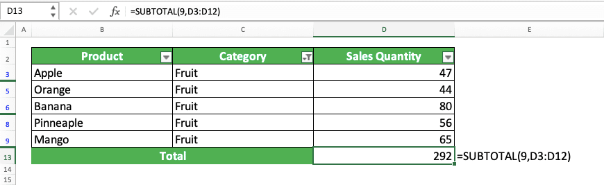 SUM Formula in Excel: Functions, Examples and How to Use - Screenshot of the SUBTOTAL Implementation Example to Apply SUM into a Filtered Range