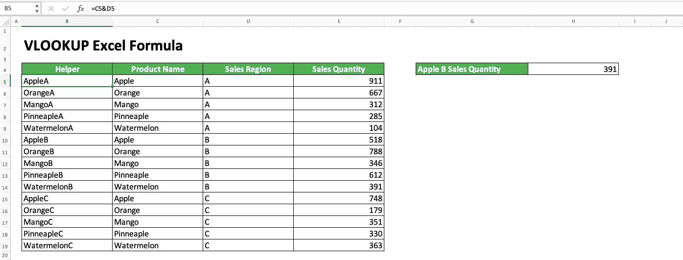 How to Use VLOOKUP Excel Formula - Screenshot of VLOOKUP With Many Criteria Example: Showing the Helper Column Formula