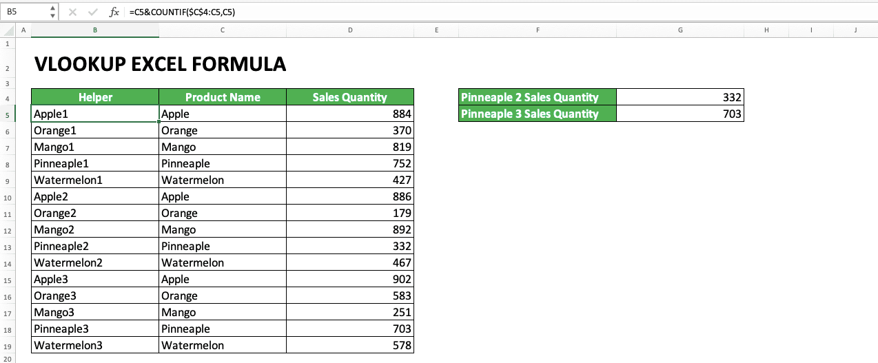How to Use VLOOKUP Excel Formula - Screenshot of VLOOKUP With the Nth Match Example: Showing the Helper Column Formula