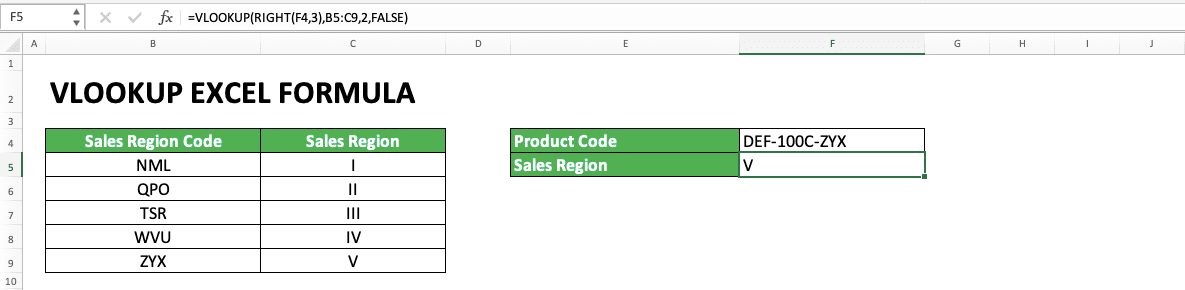 How to Use VLOOKUP Excel Formula - Screenshot of VLOOKUP RIGHT Example