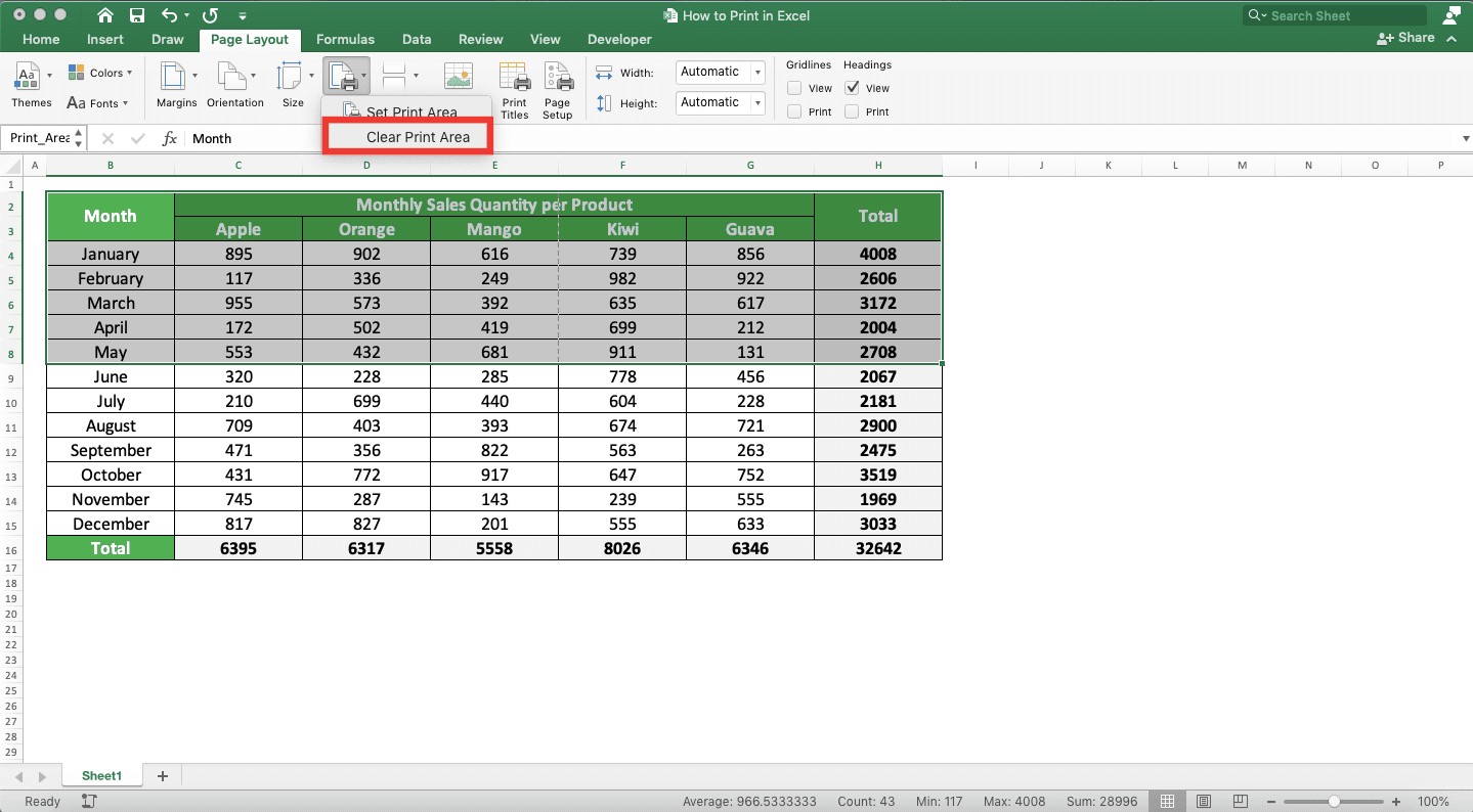 How to Print in Excel Neatly - Screenshot of the Clear Print Area Choice Location