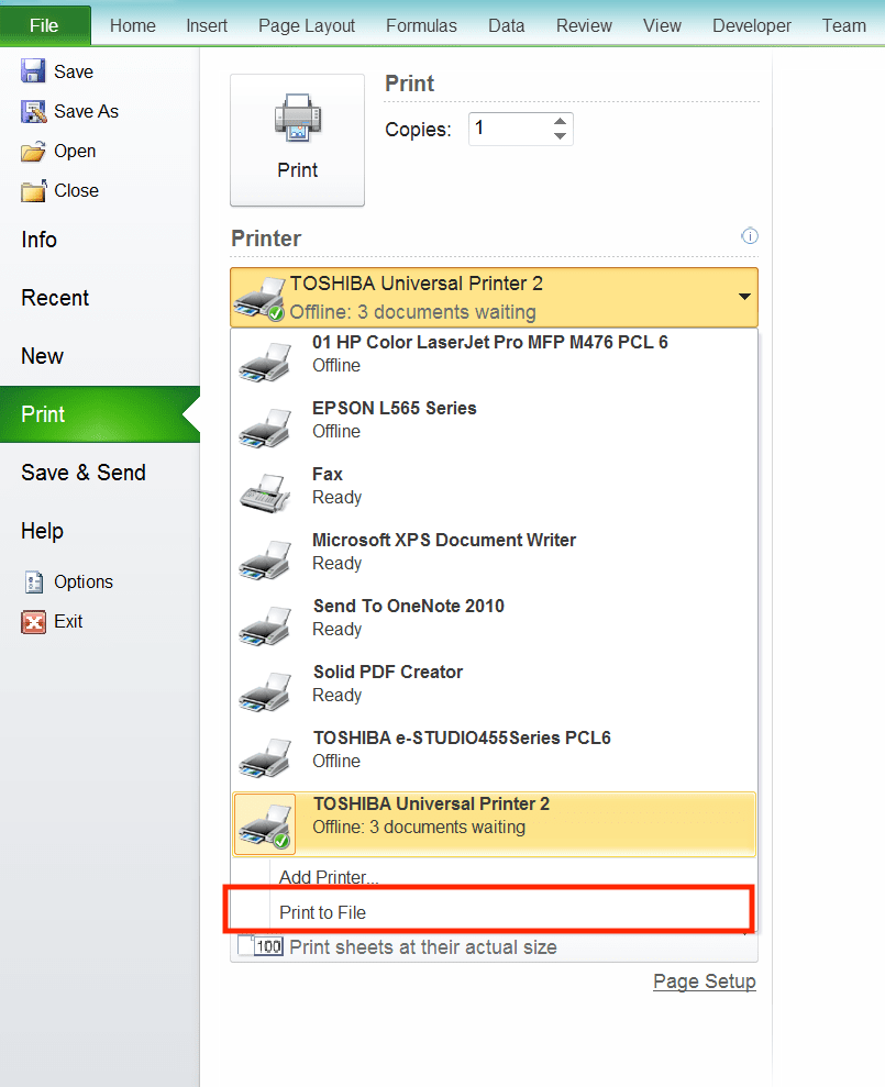 How to Print in Excel Neatly - Screenshot of How to Print to File, Step 2
