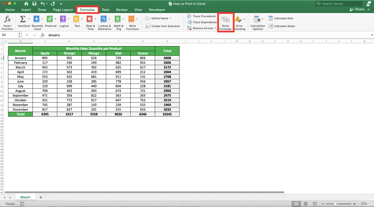 How to Print in Excel Neatly - Screenshot of the Worksheet Interface Before Showing the Formulas