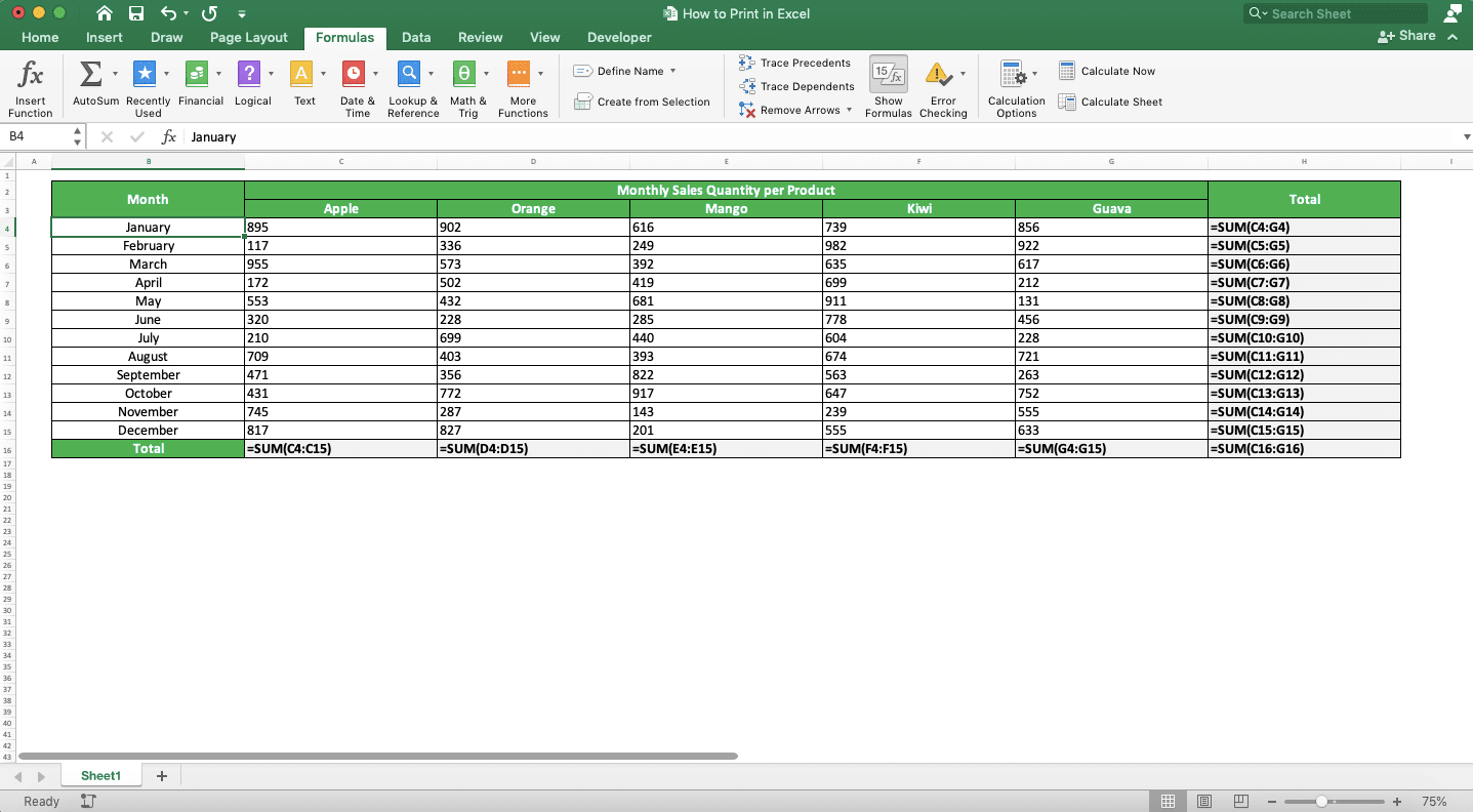 How to Print in Excel Neatly - Screenshot of the Worksheet Interface After Showing the Formulas