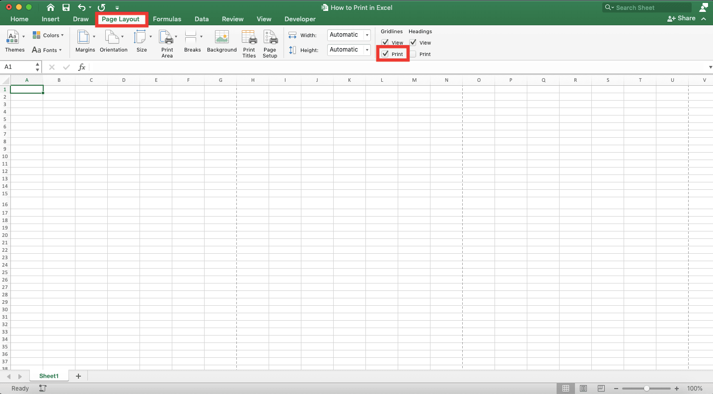 How to Print in Excel Neatly - Screenshot of the Gridlines Print Checkbox Location