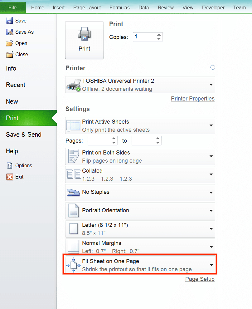 How to Print in Excel Neatly - Screenshot of the Fit Sheet on One Page Scaling Settings