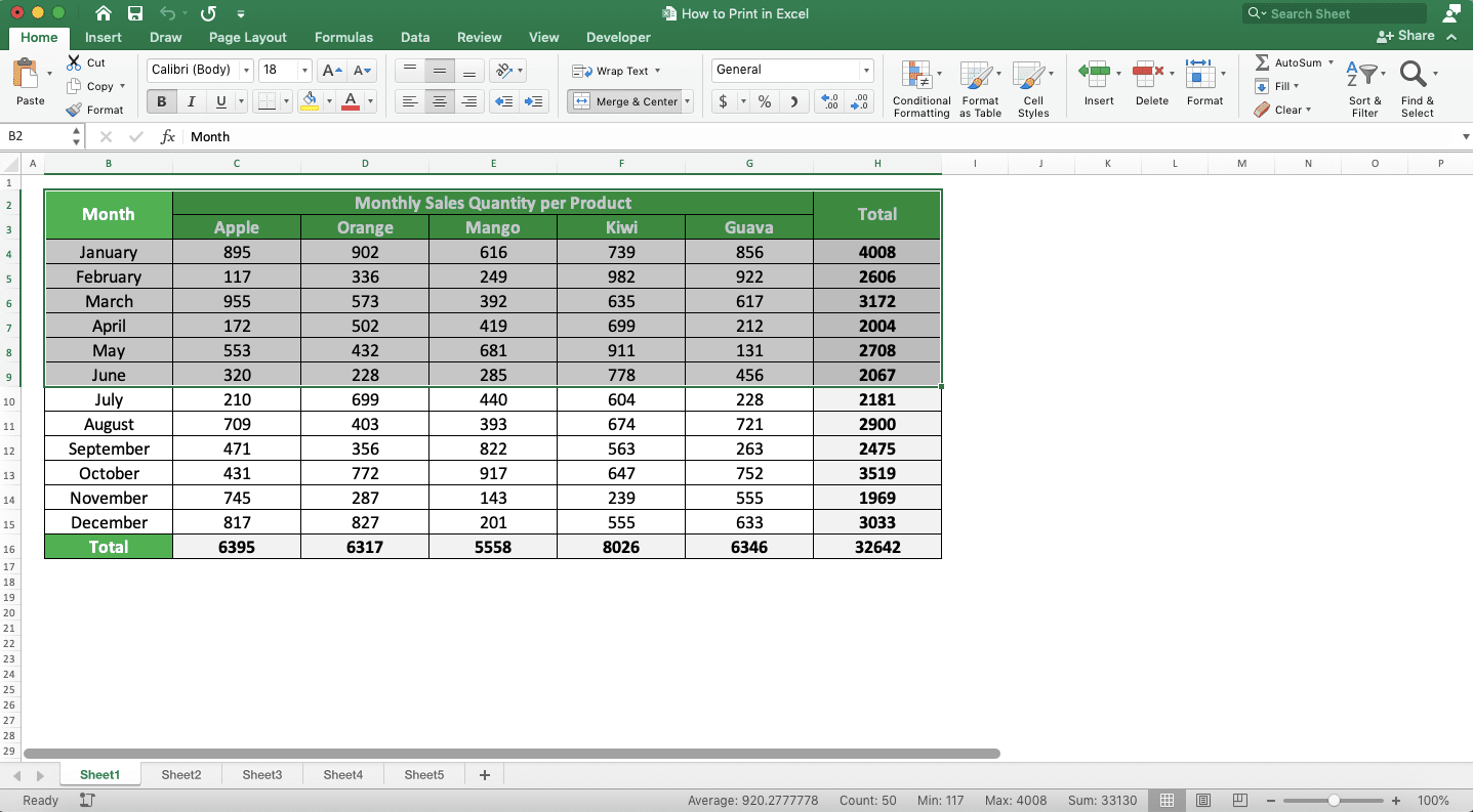 How to Print in Excel Neatly - Screenshot of How to Print the Same Cell Range from Multiple Sheets, Step 1