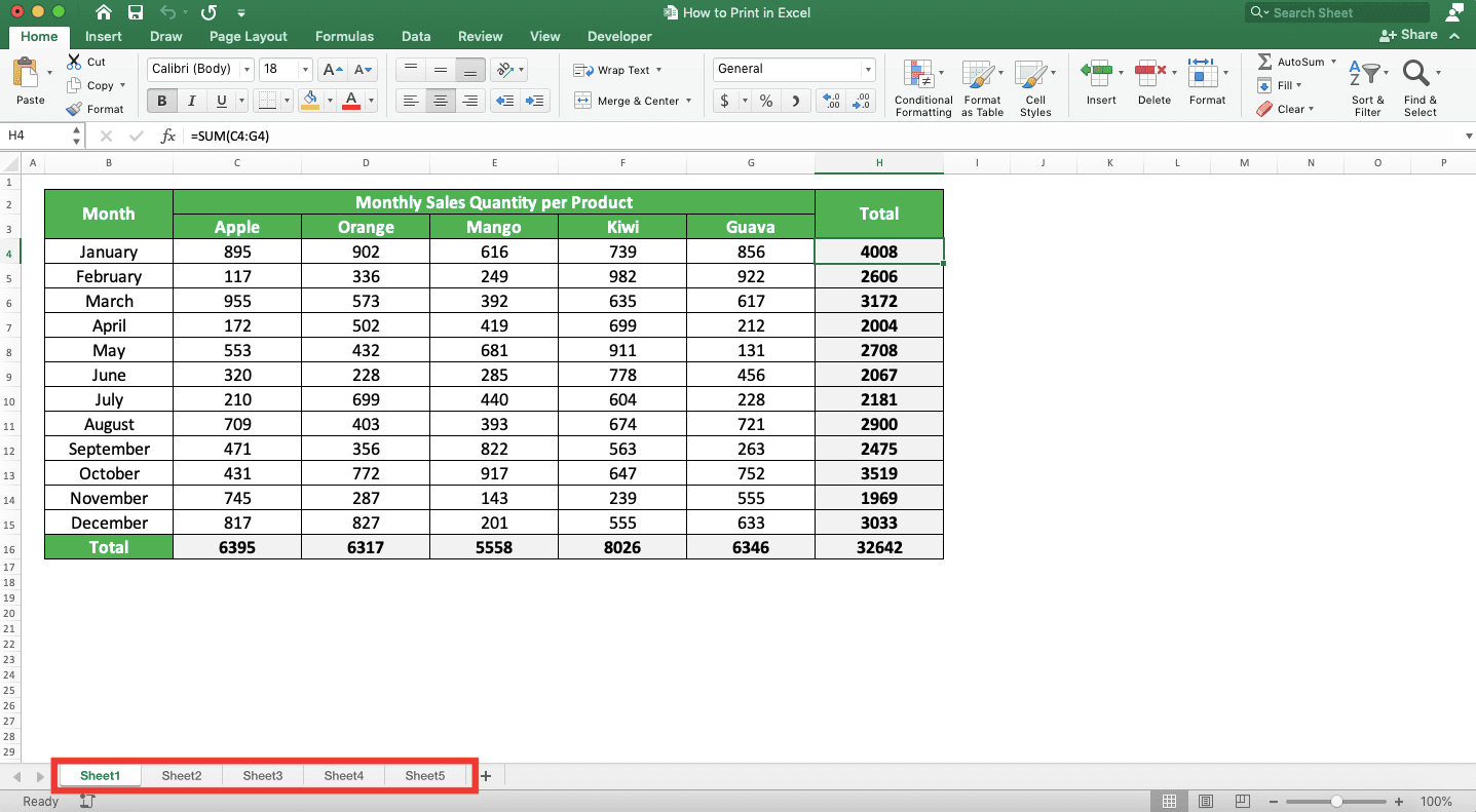 How to Print in Excel Neatly - Screenshot of Worksheet Tabs Location
