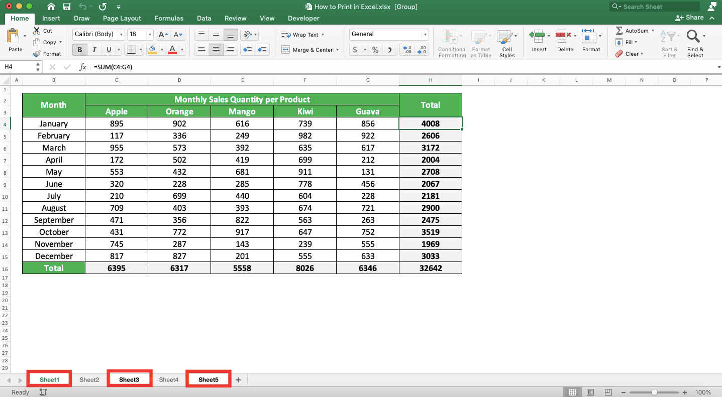 How to Print in Excel Neatly - Screenshot of the Non-Adjacent Worksheet Tabs Selection Result Example
