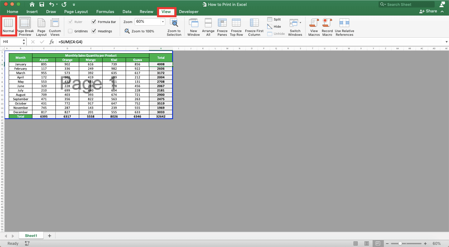 How to Print in Excel Neatly - Screenshot of the Normal Button Location