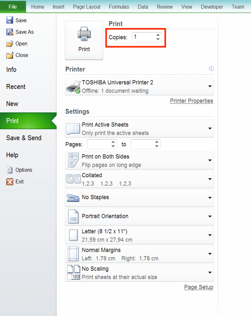 How to Print in Excel Neatly - Screenshot of the Copies Settings