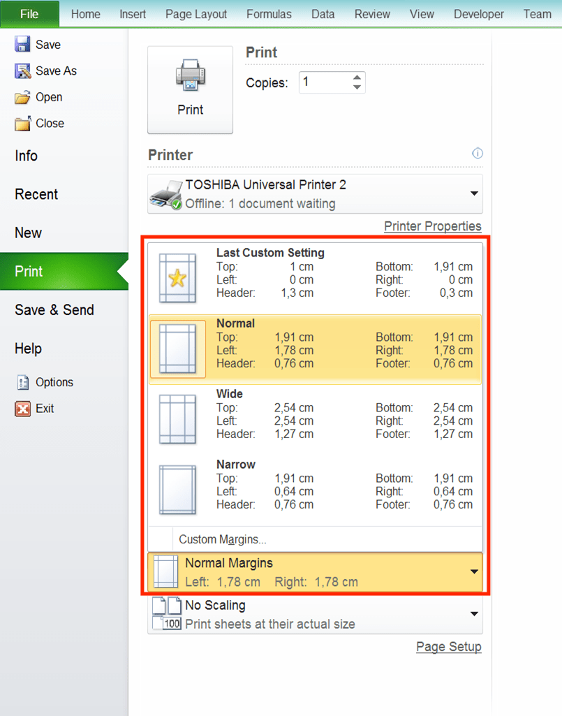 How to Print in Excel Neatly - Screenshot of the Margin Settings