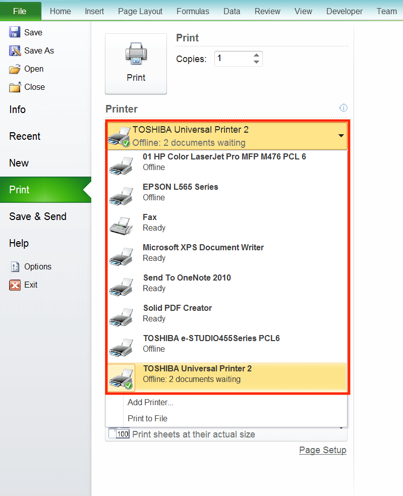 How to Print in Excel Neatly - Screenshot of the Printer Settings